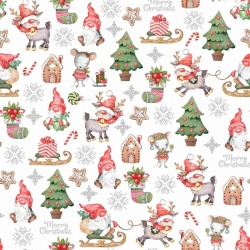 Baumwolle 100% Weihnachtsmuster Wichtel mit Mäusen auf weißem Hintergrund  