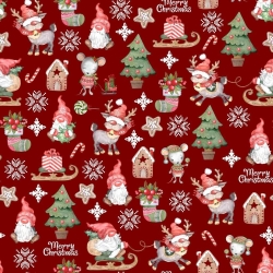 Baumwolle 100% Weihnachtsmuster Wichtel mit Mäusen auf rotem Hintergrund  