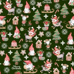 Baumwolle 100% Weihnachtsmuster Wichtel mit Mäusen auf grünem Hintergrund  