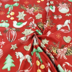 Baumwolle 100% Weihnachtsmuster Dekorationen RETRO auf rotem Hintergrund  