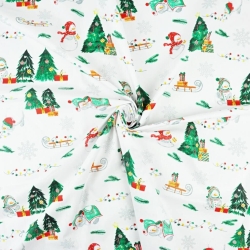 Baumwolle 100% Weihnachtsmuster Schneemänner mit Schlitten auf weißem Hintergrund  