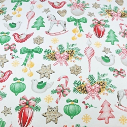 Baumwolle 100% Weihnachtsmuster Dekorationen RETRO auf weißem Hintergrund  