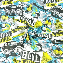 Baumwolle 100% Jugendmuster blau-gelb auf weißem Hintergrund  