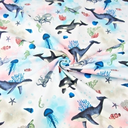 Baumwolle 100% Wale und Orcas im bunten Ozean  