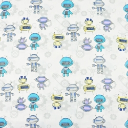 Baumwolle 100% Roboter blau-gelb auf weißem Hintergrund  