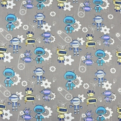 Baumwolle 100% Roboter blau-gelb auf grauem Hintergrund  