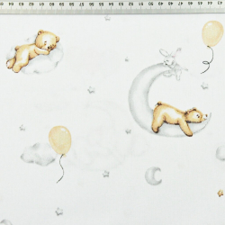 100% Baumwolle schlafende Bären auf Monden mit Luftballons auf weißem Hintergrund  