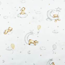 100% Baumwolle schlafende Bären auf Monden mit Luftballons auf weißem Hintergrund  