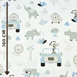 Baumwolle 100% Safari-Tiere blau auf weißem Hintergrund  