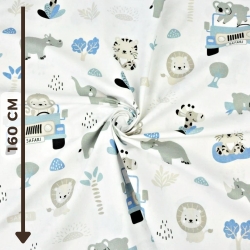 Baumwolle 100% Safari-Tiere blau auf weißem Hintergrund  