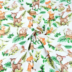 Baumwolle 100% Reh und Tiere mit Farnblättern auf weißem Hintergrund  