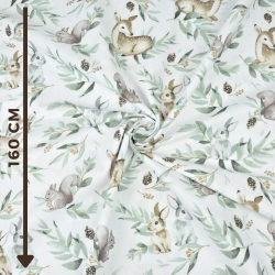 Baumwolle 100% Rehe mit Hasen und salbeigrünen Blättern auf weißem Hintergrund  