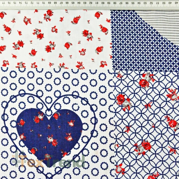 Baumwolle 100% Patchwork in Herzen weiß-blau-rot  