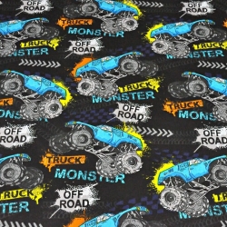 Baumwolle 100% Monstertruck-Autos auf schwarzem Hintergrund  