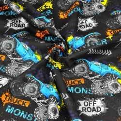 Baumwolle 100% Monstertruck-Autos auf schwarzem Hintergrund  