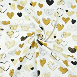 Baumwolle 100% gemusterte beige Herzen auf weißem Hintergrund  