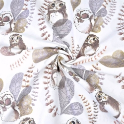 Baumwolle 100% Eulen in Blättern auf weißem Hintergrund  