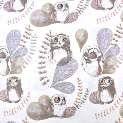 Baumwolle 100% Eulen in Blättern auf weißem Hintergrund  