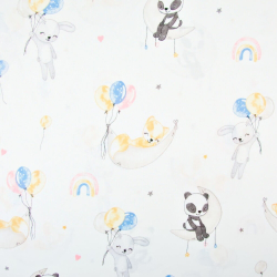 Baumwolle 100% schlafende Tiere auf Monden mit Ballons auf weißem Hintergrund