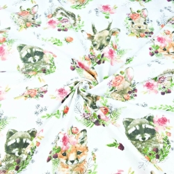 100% Baumwolle Waldtiere in bunten Kränzen auf weißem Hintergrund  