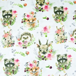 100% Baumwolle Waldtiere in bunten Kränzen auf weißem Hintergrund  