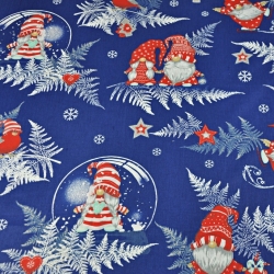 Baumwolle 100% Weihnachtsmuster Wichtel mit Farnblättern auf marineblauem Hintergrund  