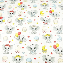 Baumwolle 100% bunte Elefanten mit Wolken auf weißem Hintergrund  