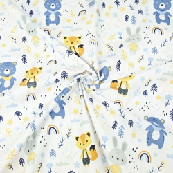 Baumwolle 100% Tiere blau mit Regenbögen auf weißem Hintergrund  