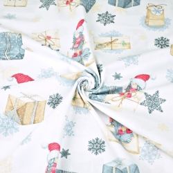 Baumwolle 100% Weihnachtsmuster Wichtel mit Briefen und Geschenken auf weißem Hintergrund  