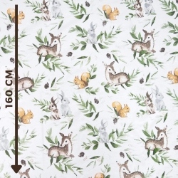 100% Baumwolle Rehe mit Kaninchen und grünen Blättern auf weißem Hintergrund  