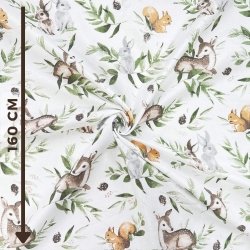 100% Baumwolle Rehe mit Kaninchen und grünen Blättern auf weißem Hintergrund  