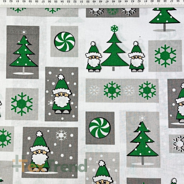 Baumwolle 100% Weihnachtsmuster Patchwork Weihnachtsmänner grau-grün  