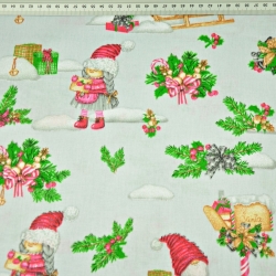 Baumwolle 100% Weihnachtsmuster Wichtel auf Schlitten auf hellgrauem Hintergrund  