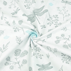 Baumwolle 100% Insekten Libellen grau-türkisfarben auf weißem Hintergrund  