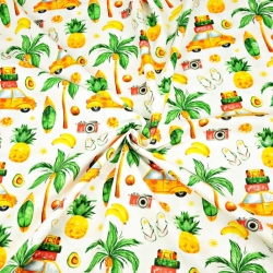Baumwolle 100% Tropische Ferien gelb-grün auf weißem Hintergrund  
