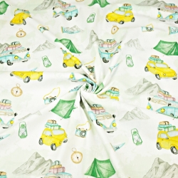 Baumwolle 100% Autos beim Camping gelb-grün auf weißem Hintergrund  