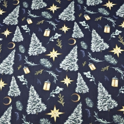 Baumwolle 100% Weihnachtsmuster Tannenbäume im Wald auf marineblauem Hintergrund