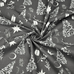 Baumwolle 100% Weihnachtsmuster Tannenbäume im Wald auf graphitfarbenem Hintergrund  