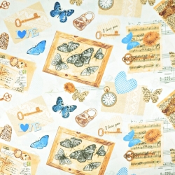 Baumwolle 100% Vintage Souvenirs mit blauen Schmetterlingen auf weißem Hintergrund  