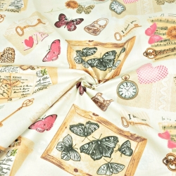 Baumwolle 100% Vintage Souvenirs mit rosa Schmetterlingen auf ecrufarbenem Hintergrund  
