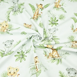 Baumwolle 100% afrikanische Tiere auf tropischen Blättern auf weißem Hintergrund  