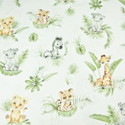 Baumwolle 100% afrikanische Tiere auf tropischen Blättern auf weißem Hintergrund  