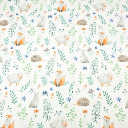 Baumwolle 100% Tiere mit Zweigen blau auf weißem Hintergrund  