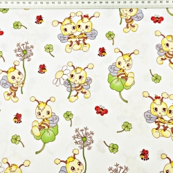 Baumwolle 100% Bienen mit Blumen auf weißem Hintergrund  