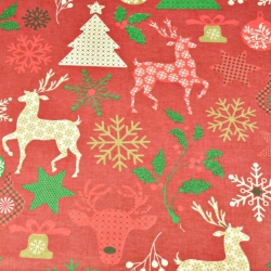 Baumwolle 100% Weihnachtsmuster Rehe mit Tannenbäumen auf rotem Hintergrund  