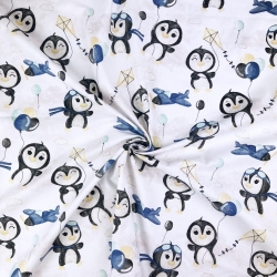 Baumwolle 100% Pinguine mit Luftballons blau auf weißem Hintergrund  