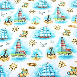 Baumwolle 100% maritimes Muster mit Laternen und Schiffen in blau auf weißem Hintergrund  