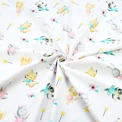 Baumwolle 100% bunte Feen-Tiere auf weißem Hintergrund  