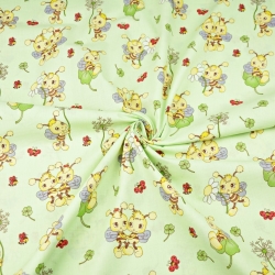 Baumwolle 100% Bienen mit Blümchen auf pistaziengrünem Hintergrund  