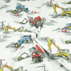 Baumwolle 100% große Baustellenfahrzeuge auf weißem Hintergrund  